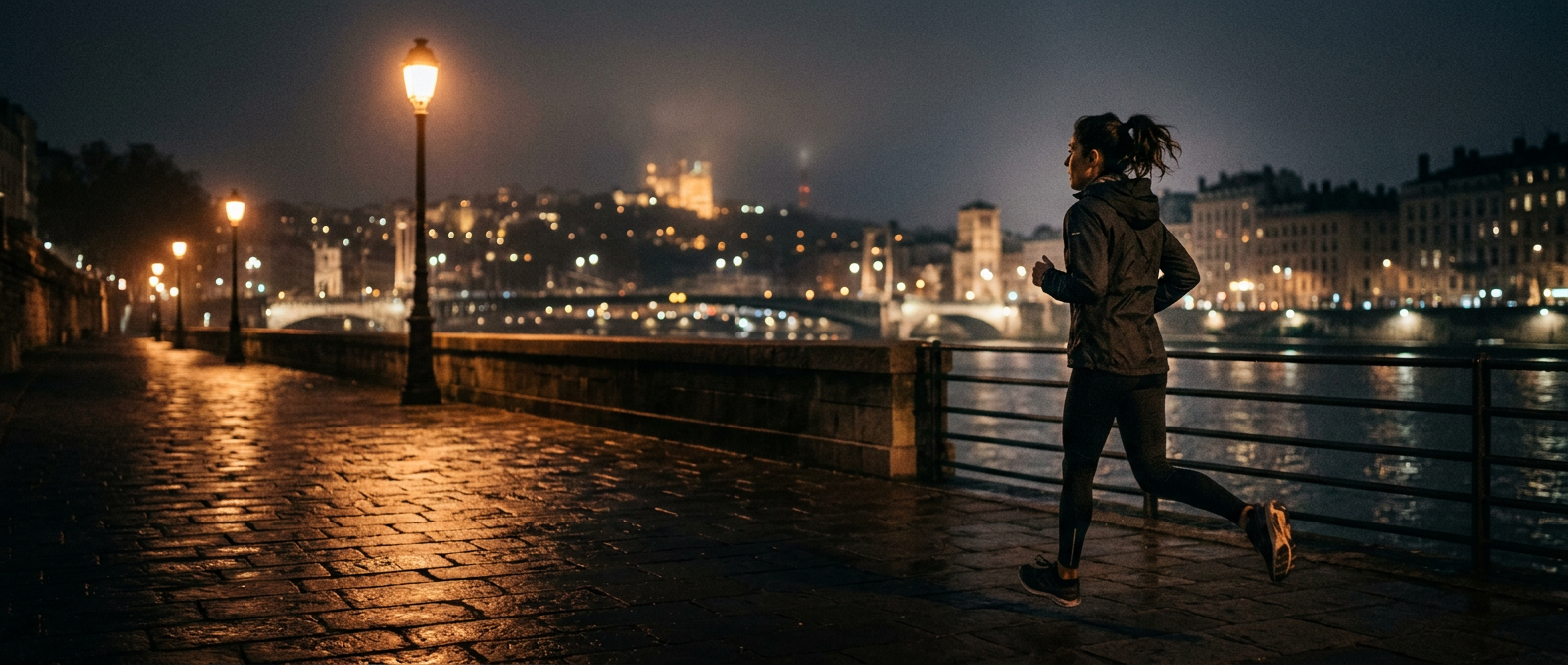 Une coureuse sur un quai de fleuve, la nuit, sous les lampadaires