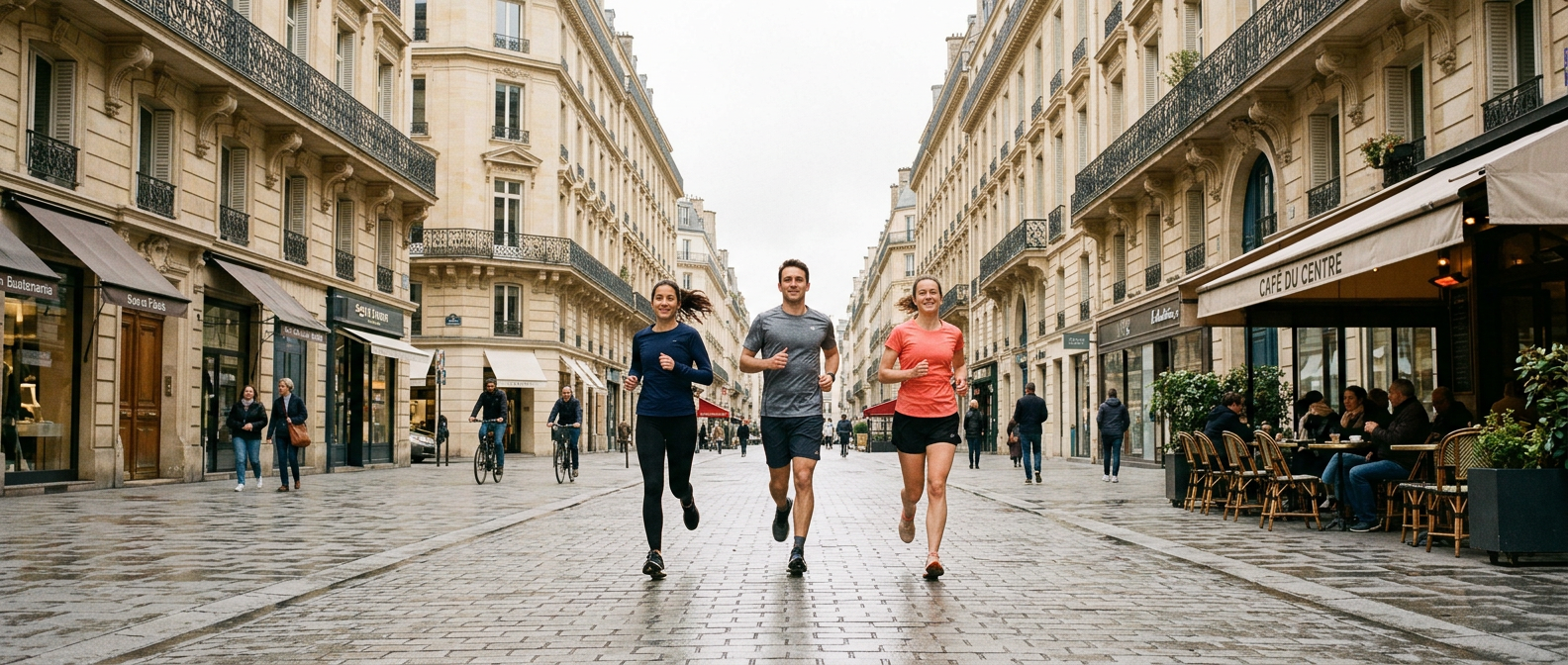 Trois coureurs dans une rue piétonne d’une ville française, le matin